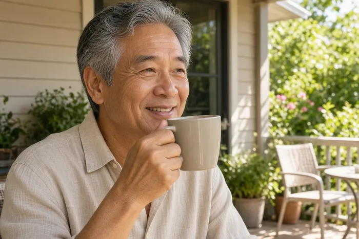 Relaxed homeowner enjoying coffee on a sunny Florida patio
