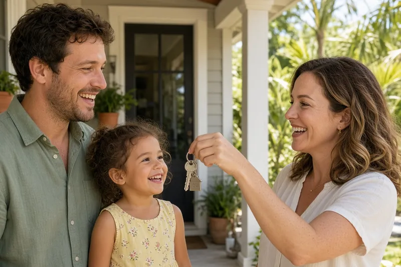 Happy family receiving house keys on the front porch of their Florida home